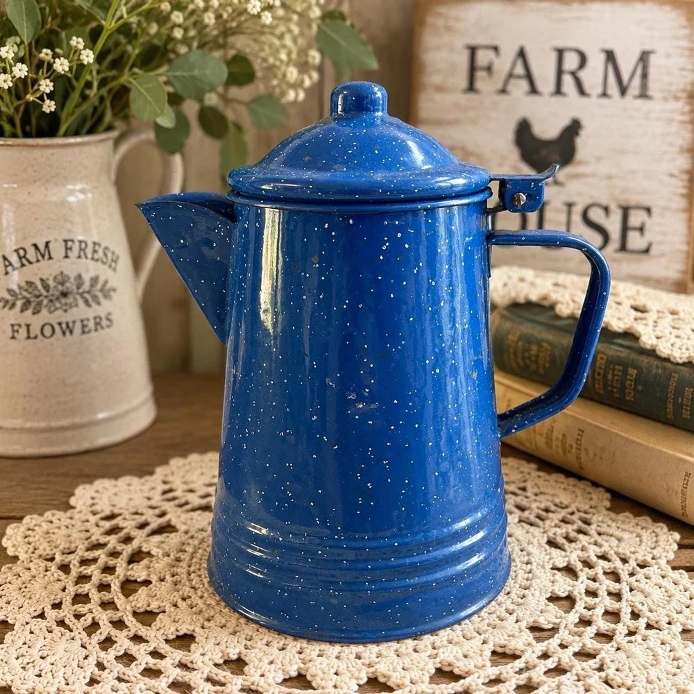 Vintage Tres Blue Speckled Enamelware Coffee Pot Pitcher Mexico Graniteware